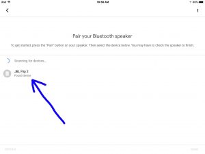 Picture of the Google Home app on iOS, showing its -Pair Your Bluetooth Speaker- screen, with the JBL Flip 2 speaker discovered but not yet paired.