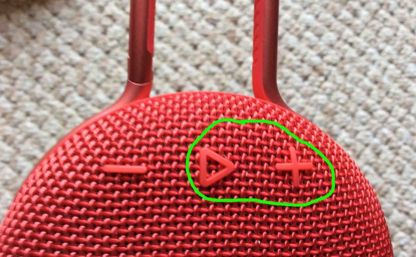 Picture of a JBL Clip 3 Bluetooth speaker reset button combination suggestion. Play-Pause and Volume Up buttons circled.