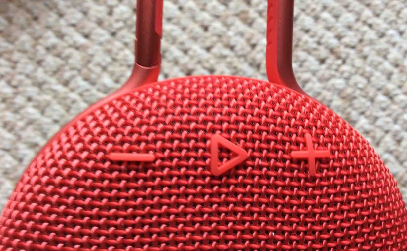 Picture of the JBL Clip3 waterproof Bluetooth speaker, front view, showing the Play-Pause and Volume buttons.