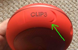 Picture of the JBL Clip3 waterproof speaker, bottom view, showing the port door seal.