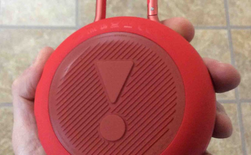 Picture of the JBL Clip 3 wireless Bluetooth speaker, back view, held in hand.