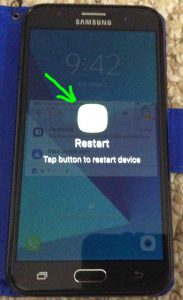 Picture of the phone's -Restart Confirmation- screen, with the -Restart- button highlighted.