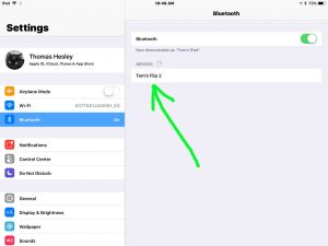 Screenshot of the iOS 11 Bluetooth settings page, with -Toms Flip 2- wireless speaker discovered but not paired yet, highlighted.