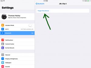 How to change JBL Clip 3 Bluetooth speaker name. Screenshot of the Picture of the iOS 11 iPad Air tablet, showing the JBL Clip 3 Speaker Bluetooth Device Screen. The -Forget This Device- link is highlighted.