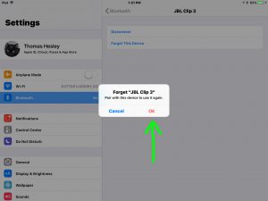 How to change JBL Clip 3 Bluetooth speaker name. Screenshot of the iOS iPad Air tablet, showing the -Forget JBL Flip 3- confirmation prompt, with the -OK- button highlighted.
