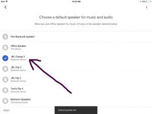Screenshot of the Google Home app on iOS, displaying its -Choose a Default Speaker- screen. The JBL Charge 3 Bluetooth speaker is set as default speaker.