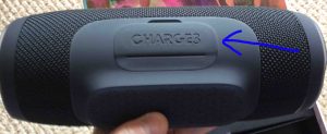 Picture of the JBL Charge 3 Bluetooth IPX7 speaker, showing the USB ports bay with the door seal closed.