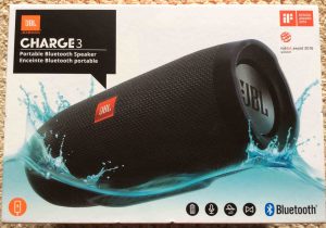 Picture of the JBL Charge 3 portable Bluetooth speaker, original box, side 1.