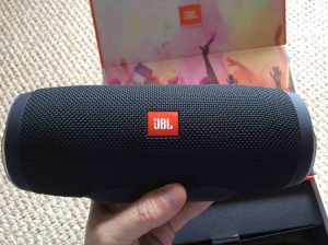 Picture of the front of the JBL Charge 3. Pairing Victor Reader Trek with JBL Charge 3.