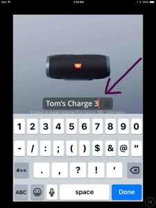 Screenshot of the JBL Connect Plus app on iOS. Showing its JBL Charge 3 Change Speaker Name edit box with new name filled in.