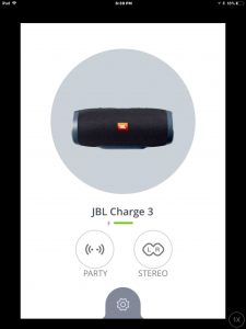 Screenshot of the JBL Connect Plus app on iOS, linked with a JBL Charge 3 splashproof speaker. The firmware update to that Bluetooth speaker is done. No newer firmware version available.