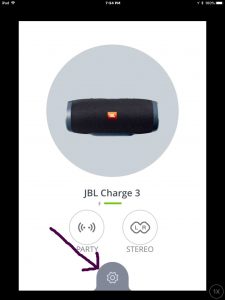 Screenshot of the JBL Connect Plus app on iOS, showing its JBL Charge 3 speaker Home screen. The Settings button is highlighted.