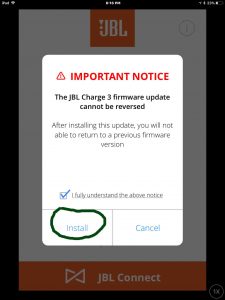 Screenshot of the app prompting for update confirmation. You must tap the Install button to go ahead with the firmware installation.