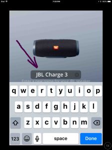 Screenshot of the JBL Connect Plus app on iOS. Showing its JBL Charge 3 Change Name edit box highlighted.