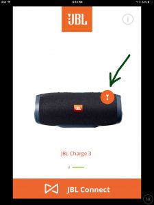 Screenshot of the JBL Connect Plus app on iOS. Showing similar screen to the the JBL Xtreme 3 speaker, needing a firmware update. Notification symbol for that is highlighted.