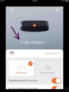 Screenshot of the JBL Connect Plus app on iOS. Showing its JBL Charge 3 Speaker Settings Screen, with the -Edit Name Pencil- button highlighted.