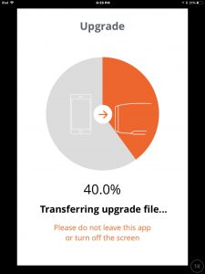 Screenshot of the app transferring update software file to that speaker, at 40 percent done.
