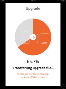 Screenshot of the app transferring new software file, at 65.7 percent complete. 