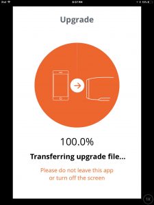 Screenshot of the JBL Connect Plus app on iOS, paired with a Charge 3 portable speaker. Transferring new firmware update file to that speaker, 100 percent done.