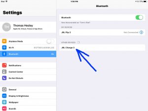 Screenshot of an iPad Air -Bluetooth Settings- screen, showing JBL Charge 3 speaker discovered but not paired.