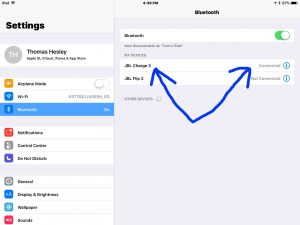 Screenshot of the iOS 11 Bluetooth Settings page, showing the JBL Charge 3 Bluetooth speaker paired with our iPad Air tablet.