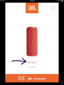 Screenshot of the JBL Connect Plus app on iOS. Showing its JBL Flip 3 speaker Home screen, with the Speaker Name field highlighted.