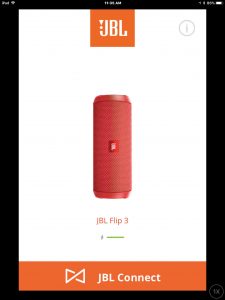 Screenshot of the JBL Connect Plus app on iOS. Showing its JBL Flip 3 speaker Home screen, with no notifications marker displayed.