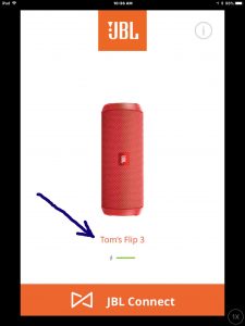 Screenshot of the JBL Flip 3 speaker -Home- screen in the app. This Bluetooth speaker has been renamed to -Tom's Flip 3-, and shows the new name highlighted. 