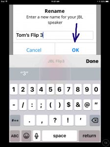 Showing the JBL Flip 3 speaker rename screen. The name has been edited to Tom's Flip 3. 