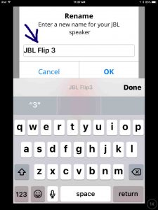Screenshot of the app, showing the JBL Flip 3 speaker rename screen. The Name edit field is highlighted. 