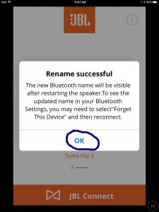 Screenshot of the -JBL Flip 3 speaker Rename Successful- screen. The OK button is circled.
