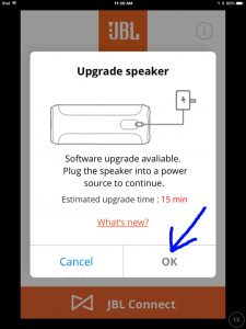 Screenshot of the -Upgrade Speaker- screen, with the OK link highlighted. 