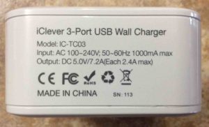 Picture of the iClever 3-port USB wall charger, model IC-TC03, Showing its specs label side.