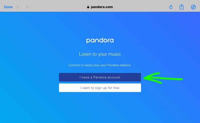Screenshot of the Alexa app on iOS, displaying its -Link Account Pandora- screen, with the -I Have A Pandora Account- button highlighted.