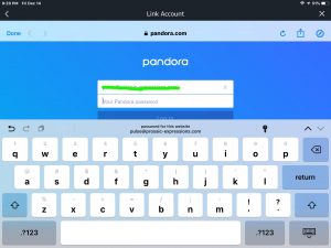 Screenshot of the -Link Account Pandora Login- screen, with a login Id entered.