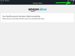 Screenshot of the Alexa app on iOS, showing the Spotify Connection Succeeded screen, with the Close button highlighted.