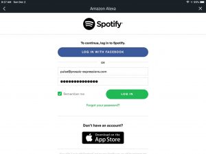 Screenshot of the Alexa app on iOS, showing the Spotify login prompt form, completely filled out.