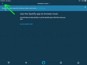 Screenshot of the Alexa app on iOS, showing a Spotify Usage Tips screen, with its Back button highlighted.
