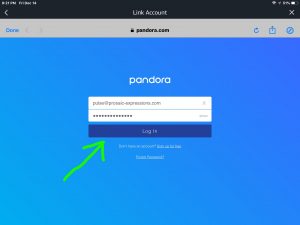 Screenshot of the Alexa app on iOS, showing its -Link Account Pandora Login- screen with all fields filled in. The -Log In- button is highlighted.