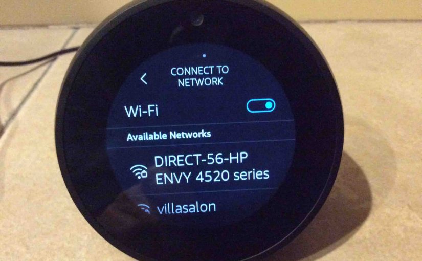 Picture of the Alexa Echo Spot speaker, showing its Connect To Network screen.