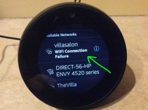 Picture of the Echo Spot speaker, showing that the attempted WiFi connection has failed.