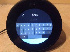 Picture of the Alexa Echo Spot WiFi speaker, showing its WiFi Password entry prompt screen, with password field filled in. Password characters are hidden.