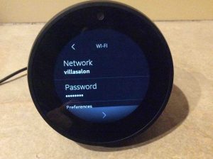 Picture of the Alexa Echo Spot Speaker, Showing its New WiFi Network Confirmation screen.