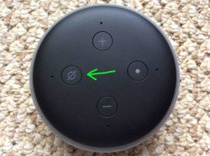 Picture of the speaker with its -Microphone Mute / Mic OFF- button highlighted. Buttons on Echo Dot 3rd Generation.