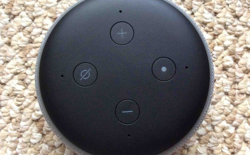 Picture of the Amazon Alexa Echo Dot 3 top view, showing all its buttons.