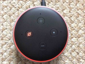 Picture of an Amazon Echo speaker, muted, showing its light ring and Mic Off On button glowing red.