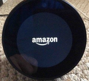 Picture of the speaker booting, showing the Amazon logo screen.