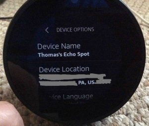 Picture of the Amazon Echo Spot Alexa speaker, displaying its Device Options screen, at top of the options list.