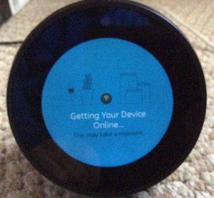 Picture of the Echo Spot speaker with Alexa, displaying its Getting Your Device Online screen. Echo Spot Hard Reset.
