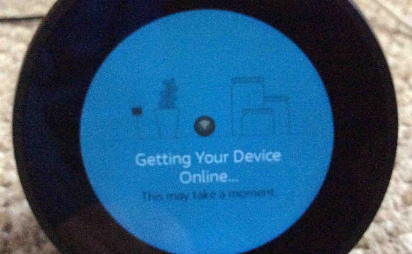 Picture of the Amazon Echo Spot speaker with Alexa, displaying its Getting Your Device Online screen.